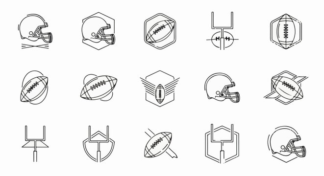 A collection of stylized black and white vector graphics featuring American football elements