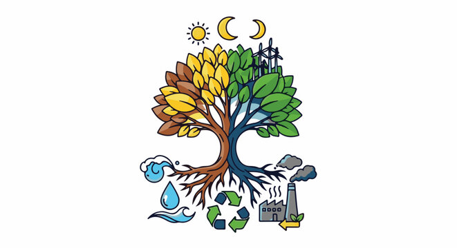 Tree showing seasons, renewable energy, water, and industry