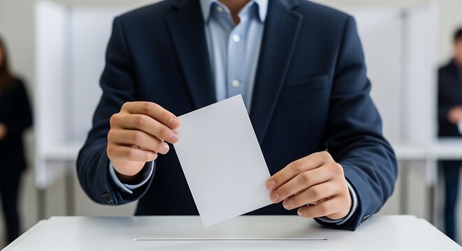 Man in suit casting a ballot.