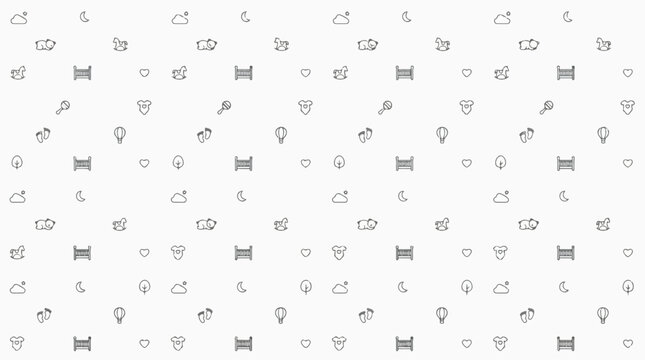 Whimsical seamless pattern of cute hand-drawn baby icons including cribs, bottles, and pacifiers on a white background