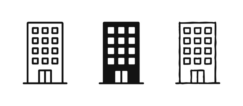 Modern Office Apartment Building Icon Set with Outline, Glyph, and Hand Drawn Styles