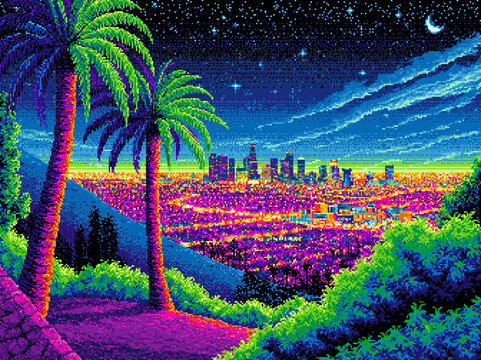 beautiful los angeles scene, pixelart at night from a high mountain walls near the getty museum, sprawling city, palm trees
