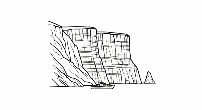 A boat navigates the waters near towering, layered cliffs and a sea stack