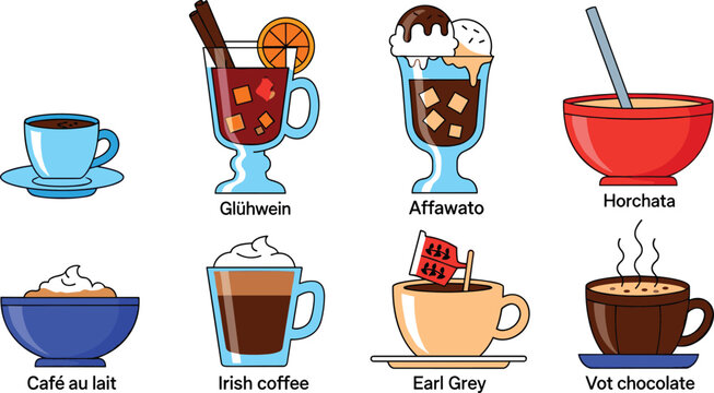 International Beverage Icon Set Featuring Gluhwein, Affogato, Horchata, Cafe au Lait, Irish Coffee, Earl Grey Tea, and Hot Chocolate for Global Cafe Menus