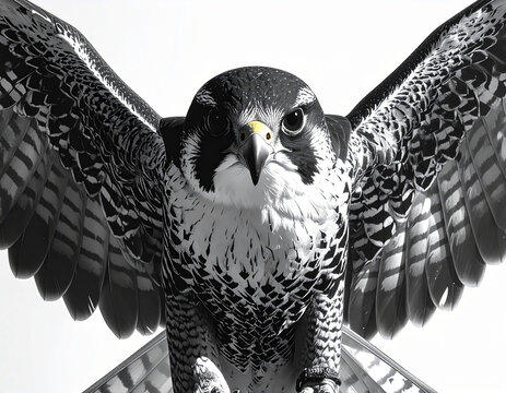 Close up portrait of a peregrine falcon with wings spread wide.