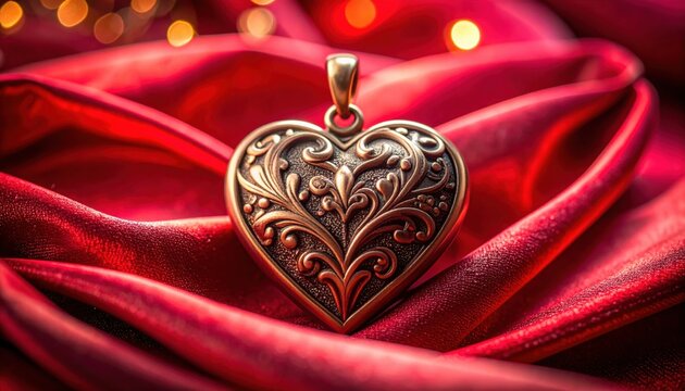 Burnished copper heart pendant with ornate filigree design resting on rich red fabric.