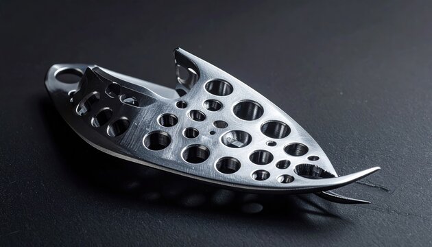 Close-up of a metallic dental dam punch tool with multiple circular perforations on a dark, textured surface