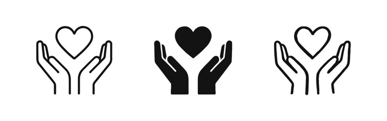 Hands Holding Heart Icon Set - Outline, Solid, and Sketch Styles for Charity and Care Concepts © ICONS FOR YOU