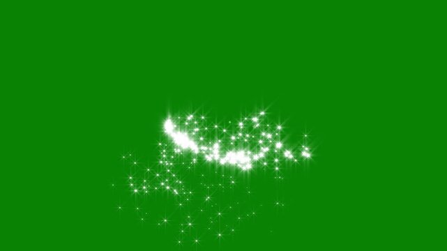 Shimmering glitter stars and magic sparkle dust animation with glowing fairy trails and twinkling bokeh lights, forming a soft fantasy particle motion overlay on chroma key green screen in ultra HD 4k