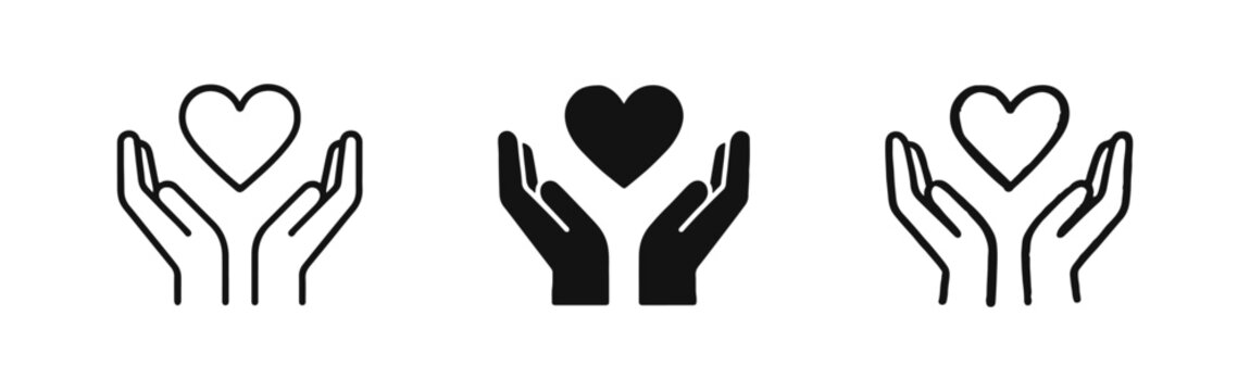 Hands Holding Heart Icon Set - Outline, Solid, and Sketch Styles for Charity and Care Concepts