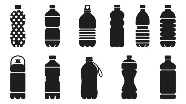 PET Bottle Silhouette Icon Set Vector Illustration, Simple Hand Drawn Plastic Container Symbols for Water, Liquids, and Oil Packaging in Black Vector Pictogram Style