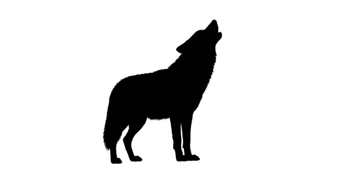 A black silhouette of a wolf howling at the moon on a white background