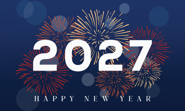 Happy new year 2027 with fireworks celebration and bokeh lights on dark blue background vector illustration.