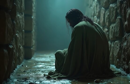 John the Baptist sits in dark stone prison cell. Prophet reflects sadly on his destiny. Water pools on floor. Scene shows deep isolation and prophetic duty.