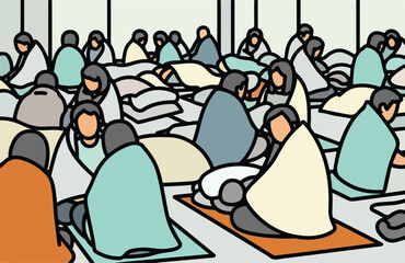 Obraz premium A stylized illustration of a crowded room with many people resting under blankets