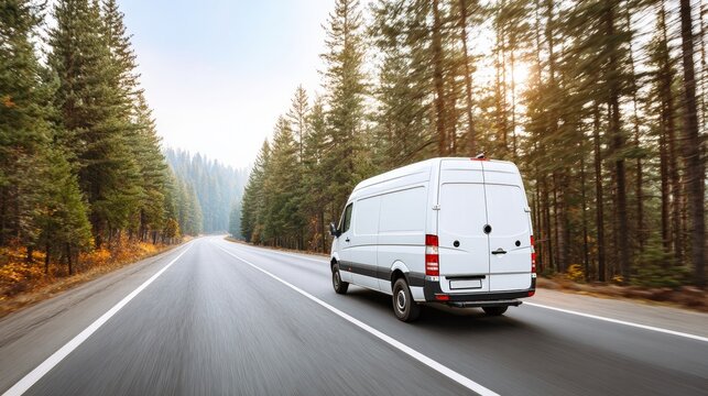 White cargo van driving along forest highway during daytime