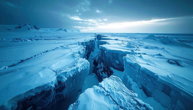 Deep ice crevasse fracturing a vast frozen glacial landscape under a dramatic sky