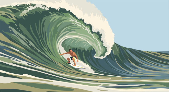 A shirtless male surfer skillfully riding a large, curling ocean wave at sea