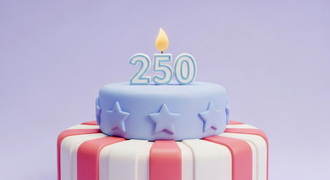 Patriotic USA cake decorated with American flag stars and stripes with number 250 candles marking the United States independence anniversary