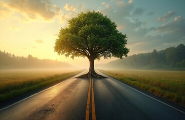 Fototapeta premium Mature tree grows on asphalt road at dawn. Sun rises through fog over grassy fields and distant forest. Nature strength overcomes obstacle, symbolizing growth.