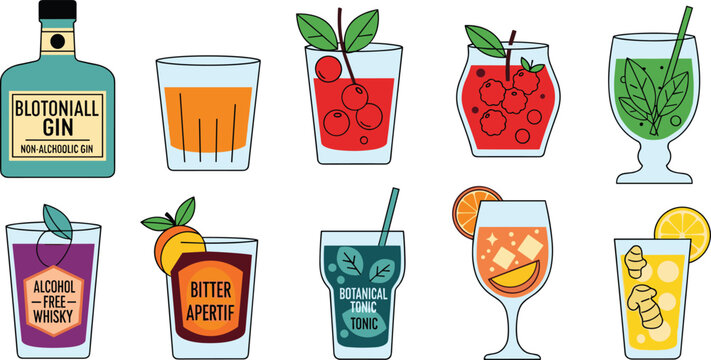 Non Alcoholic Spirit and Sophisticated Mocktail Vector Icon Set Featuring Alcohol Free Gin, Bitter Aperitif, Botanical Tonic, and Fruit Infused Drinks for Modern Bar Menus