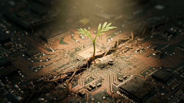 A vibrant green sprout emerges from a cracked circuit board, symbolizing the integration of natural growth and sustainable technology for a greener digital future