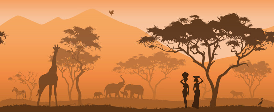 horizontal seamless background with africa nature. All animals and trees and peole are isolated - you can clean and move them. vector illustration	