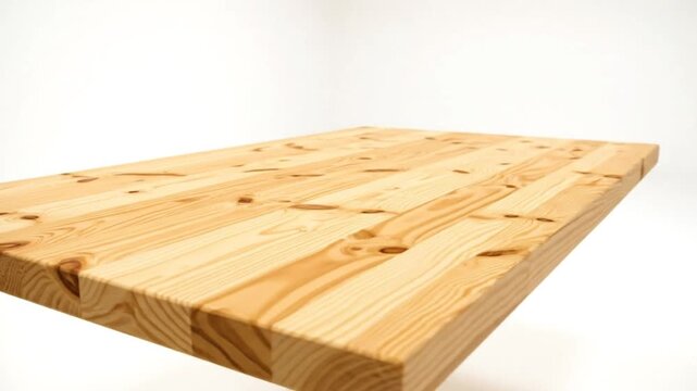 Low angle view of a light-colored wooden table top with various knots and woodgrain against a white backdrop.