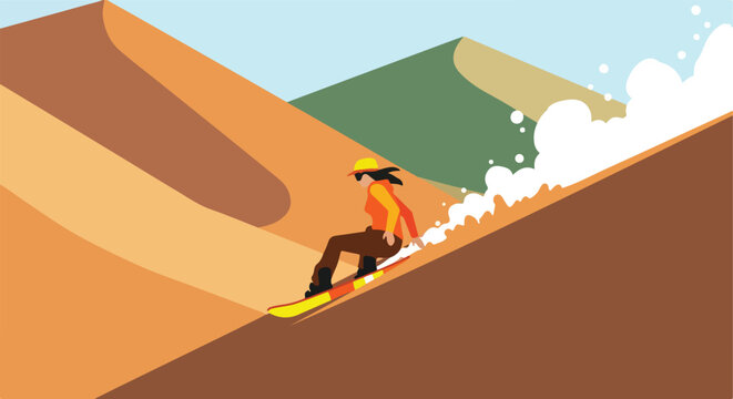 A person in vibrant clothing sandboarding down a steep, sunny desert dune slope