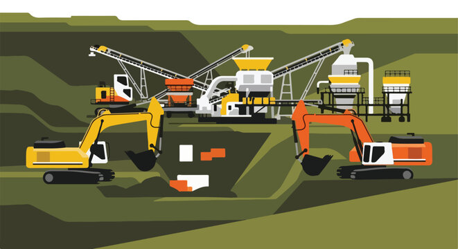 Illustration of two heavy excavators working at an open-pit mining rock quarry