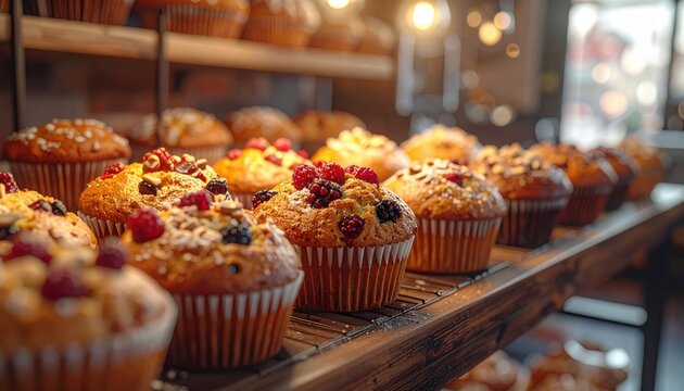 Assortment of freshly baked berry muffins displayed on a wooden bakery shelf