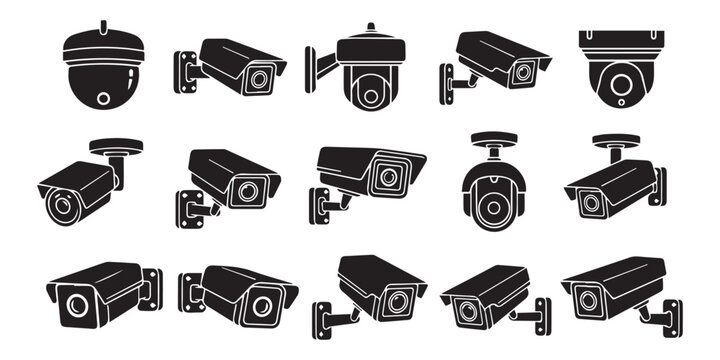 Surveillance camera vector set, black cctv icon collection, wall mount design, security monitoring system, home safety, flat illustration, vector silhouette design, pro
