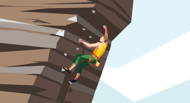 A flat illustration of a person rock climbing on a steep brown cliff face