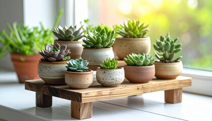 Fototapeta premium Collection of various potted succulents on a wooden shelf bathed in natural sunlight