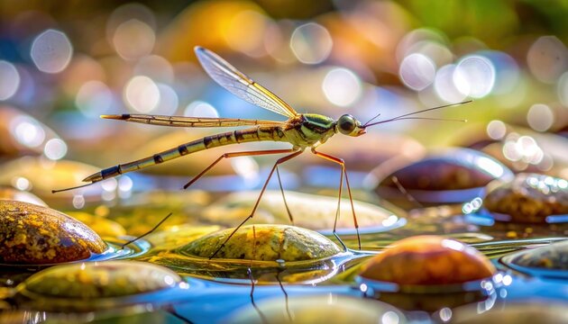 Delicate Dragonfly Perched on Water Surface Amidst Natural Bokeh Lights