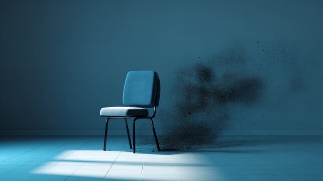 Conceptual image: modern office chair with stylized disintegration effect on the right.