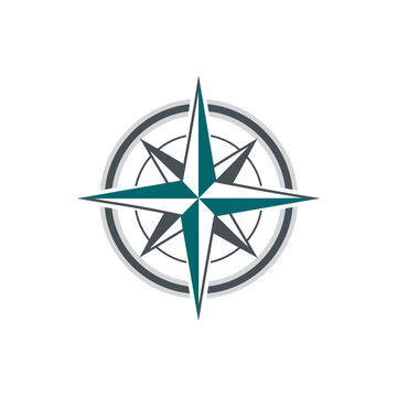 A compass rose graphic with four main points in teal, surrounded by gray circles and a compass-style design