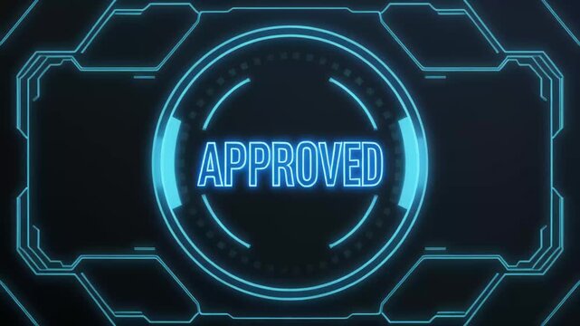 Hand pressing glowing circular holographic interface button in blue futuristic hud, dark background