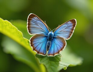 Fototapeta premium Blue holly butterfly with open wings rests on green leaf. Macro shot shows fine wing detail and fuzzy body. Nature scene, close-up insect detail in soft light.