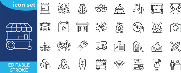 Naklejka premium Festival line editable icon set. Editable stroke. featuring icons of various music, parade, fireworks, lighting, celebration symbols, and more.