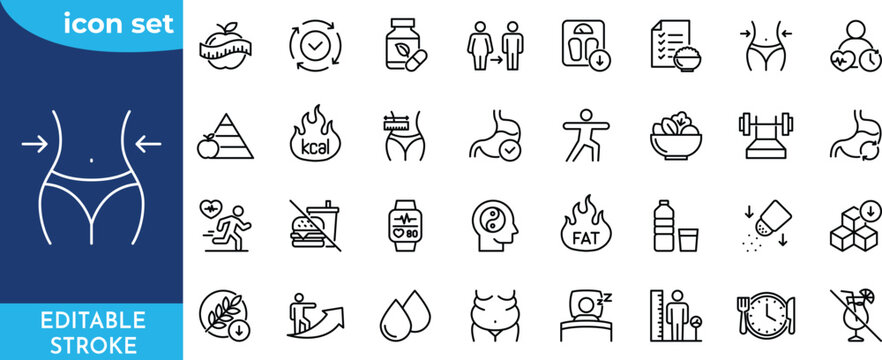 Losing Weight icon set. Editable stroke. Contain icons related to Diet, weight loss, nutrition, and more.
