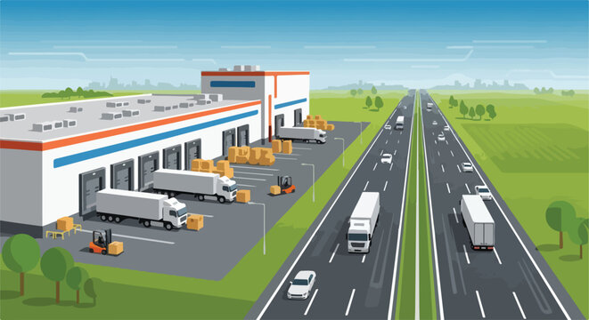 Warehouse with loading docks and forklifts next to a busy multi-lane highway