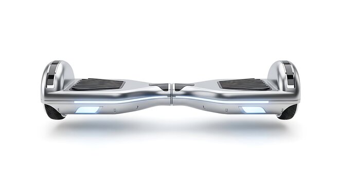 Shiny silver hoverboard on white background.