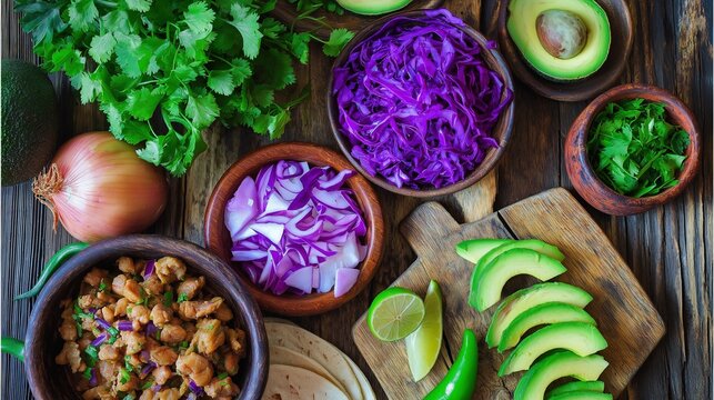 carnitas. Overhead view of Mexican taco ingredients arranged beautifully on a rustic surface. menu design, packaging mockups, designed for food delivery and cloud-kitchen brand materials.