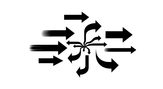 A black and white vector graphic illustration of multiple arrows pointing in different directions