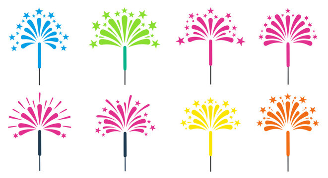 A colorful vector graphic illustration of fireworks in various vibrant colors