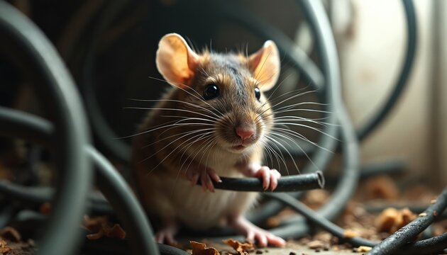 Rodent gnaws electrical wire insulation in dark room. Small mammal damages power cord, causing fire risk. Close up view shows vermin chewing cable in cluttered space.