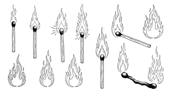 A set of matchsticks and flames in a minimalist vector graphic design