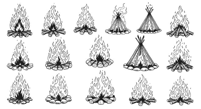 A set of campfire illustrations with teepees in a minimalist style
