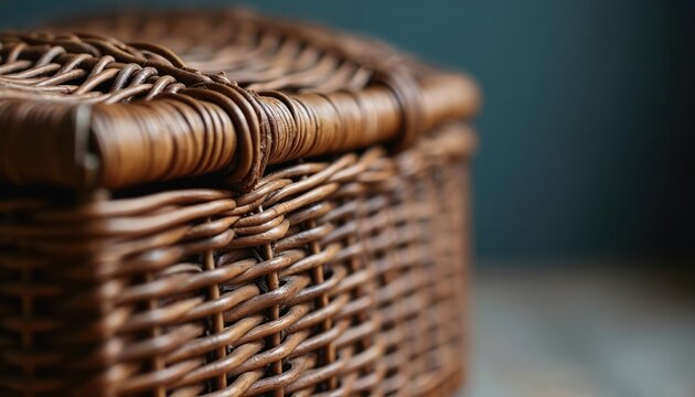 Wicker basket with lid features woven texture. This rustic container can hold food or serve as decor. Classic British hamper style suits gift or picnic.